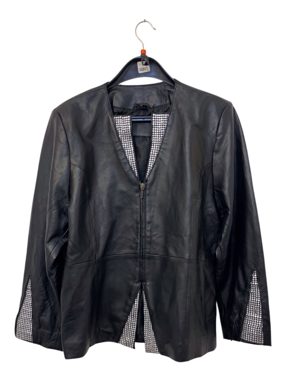 Women's Black Genuine Leather Jacket With Rhinestones,XL